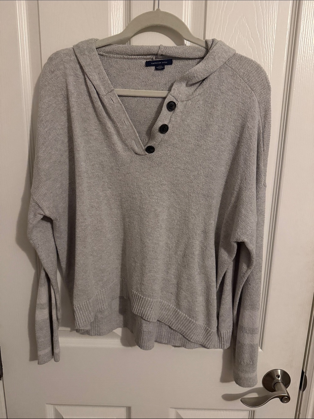 American Eagle Outfitters Light Gray V-Neck Hooded Sweater